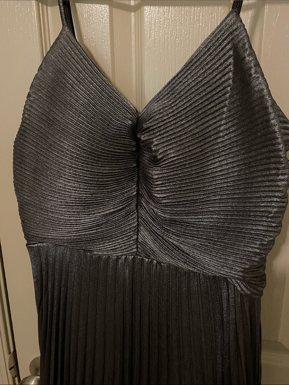 Express shiny gray and black Pleated Spaghetti Strap Mini Dress - Picture 2 of 9